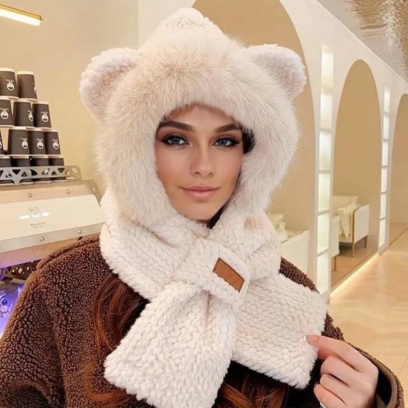 Cute Bear Ear Hat Warm Scarf Set 2 in 1 Hooded Scarf for Women, Winter Windproof Plush Integrated Earflap Beanie Hat Beige Free