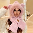 thumbnail image 1 of Cute Bear Ear Hat Warm Scarf Set 2 in 1 Hooded Scarf for Women, Winter Windproof Plush Integrated Earflap Beanie Hat Pink Free, 1 of 3