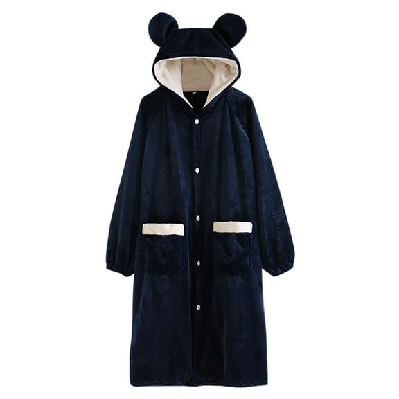 Cute Bear Ear Hooded Bathrobe for Women 2024 Fashion Warm Fleece Bath Robes Casual Long Sleepwear with Pockets for Fall Winter