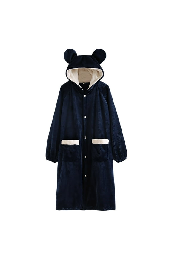 Cute Bear Ear Hooded Bathrobe for Women 2024 Fashion Warm Fleece Bath Robes Casual Long Sleepwear with Pockets for Fall Winter