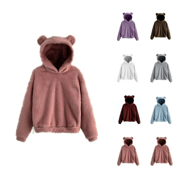 Cute Bear Ear Hoodies for Women 2025 Fall Winter Long Sleeve Plush Fuzzy Hoodie Hooded Sweatshirt Pullover Tops