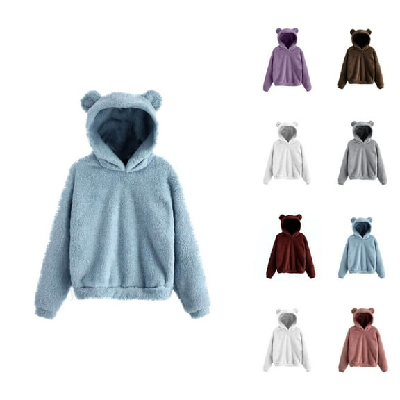 Cute Bear Ear Hoodies for Women 2025 Fall Winter Long Sleeve Plush Fuzzy Hoodie Hooded Sweatshirt Pullover Tops