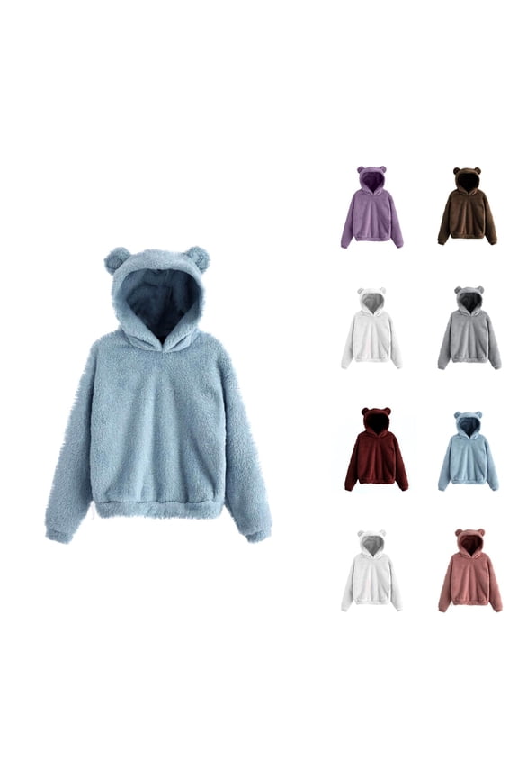 Cute Bear Ear Hoodies for Women 2025 Fall Winter Long Sleeve Plush Fuzzy Hoodie Hooded Sweatshirt Pullover Tops