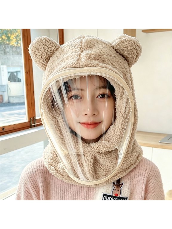 Cute Bear Ear Winter Balaclava Hat, Fuzzy Full Face Hood with Detachable Clear Face Shield, Windproof Neck Warmer for Outdoor Cycling Skiing