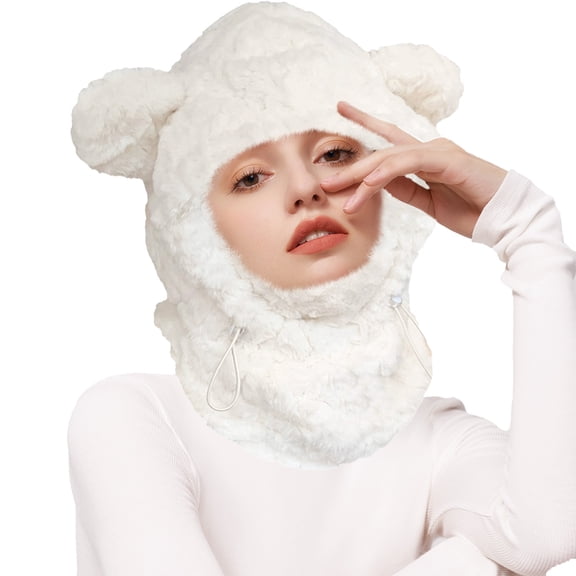 Cute Bear Ear Winter Plush Warm Hat, Warm Winter Full Face Mask Hat, Full Coverage for Face and Neck, Thickened Warm Windproof Fleece, Stylish Winter Accessory (White/Black)