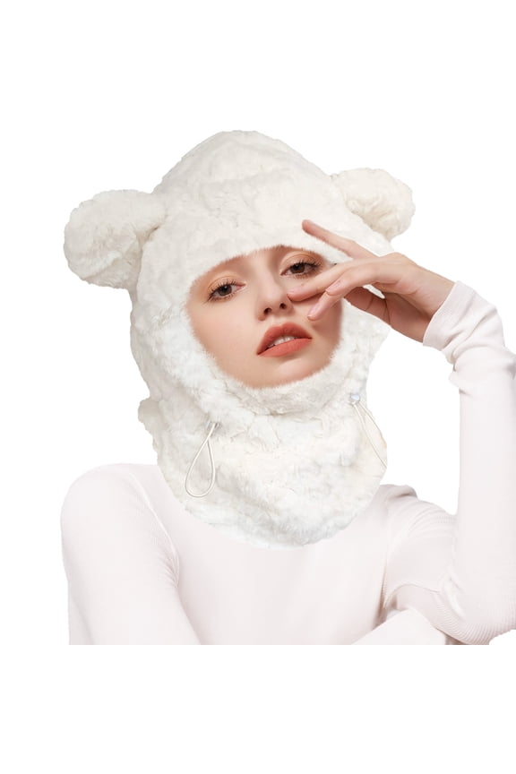 Cute Bear Ear Winter Plush Warm Hat, Warm Winter Full Face Mask Hat, Full Coverage for Face and Neck, Thickened Warm Windproof Fleece, Stylish Winter Accessory (White/Black)