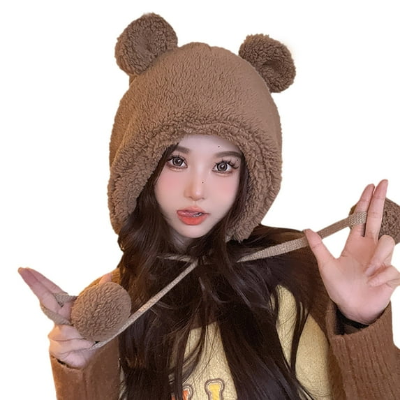 Cute Bear Ears Hat Female Plush Hat Female Warm Ear Protection Student Ushanka Hat Daily Leisure Travel Cap