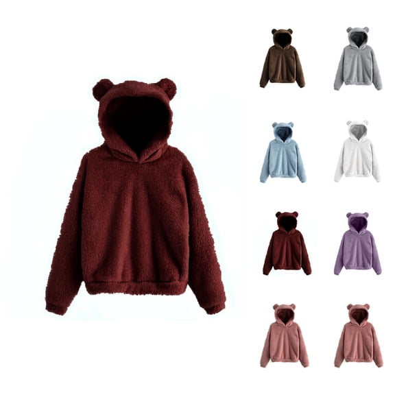 Cute Bear Ears Hoodie for Women 2025 Casual Fall Winter Solid Color Hooded Sweatshirt Pullover Top Loungewear