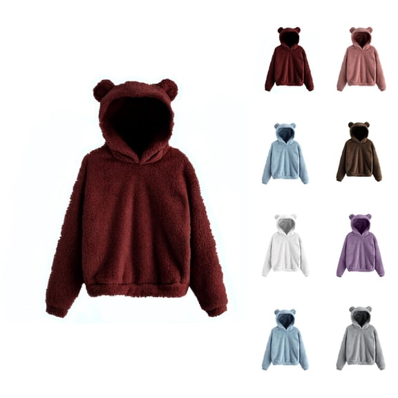 Cute Bear Ears Hoodie for Women 2025 Fall Winter Casual Solid Color Hooded Sweatshirt Pullover Top Loungewear