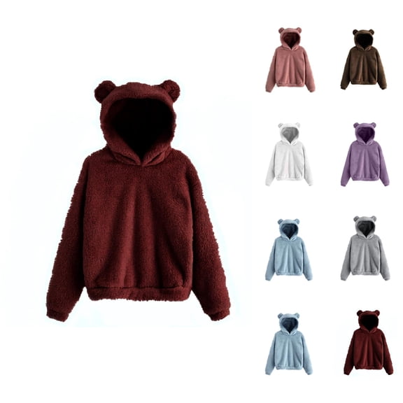 Cute Bear Ears Hoodie for Women 2026 Cute Fall Winter Long Sleeve Plain Hooded Sweatshirt Pullover Top Loungewear