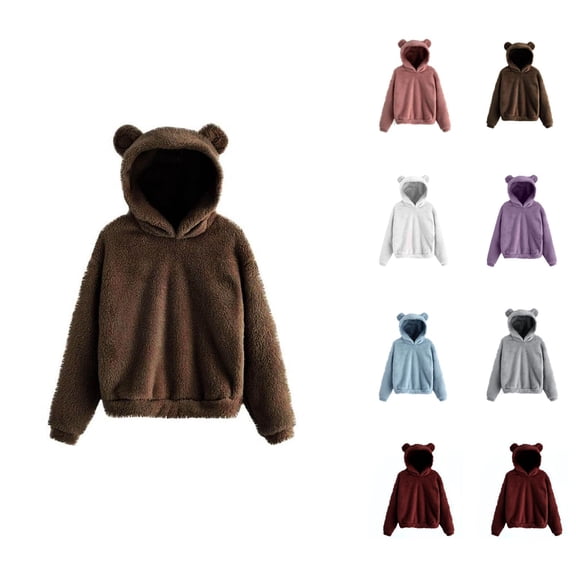 Cute Bear Ears Hoodie for Women 2026 Cute Fall Winter Long Sleeve Plain Hooded Sweatshirt Pullover Top Loungewear