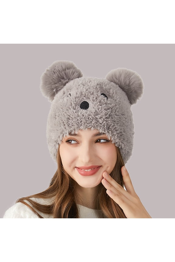 Cute Bear Ears Plush Sherpa Beanie Windproof Cap Warm Animal Hat for Women (Grey M)