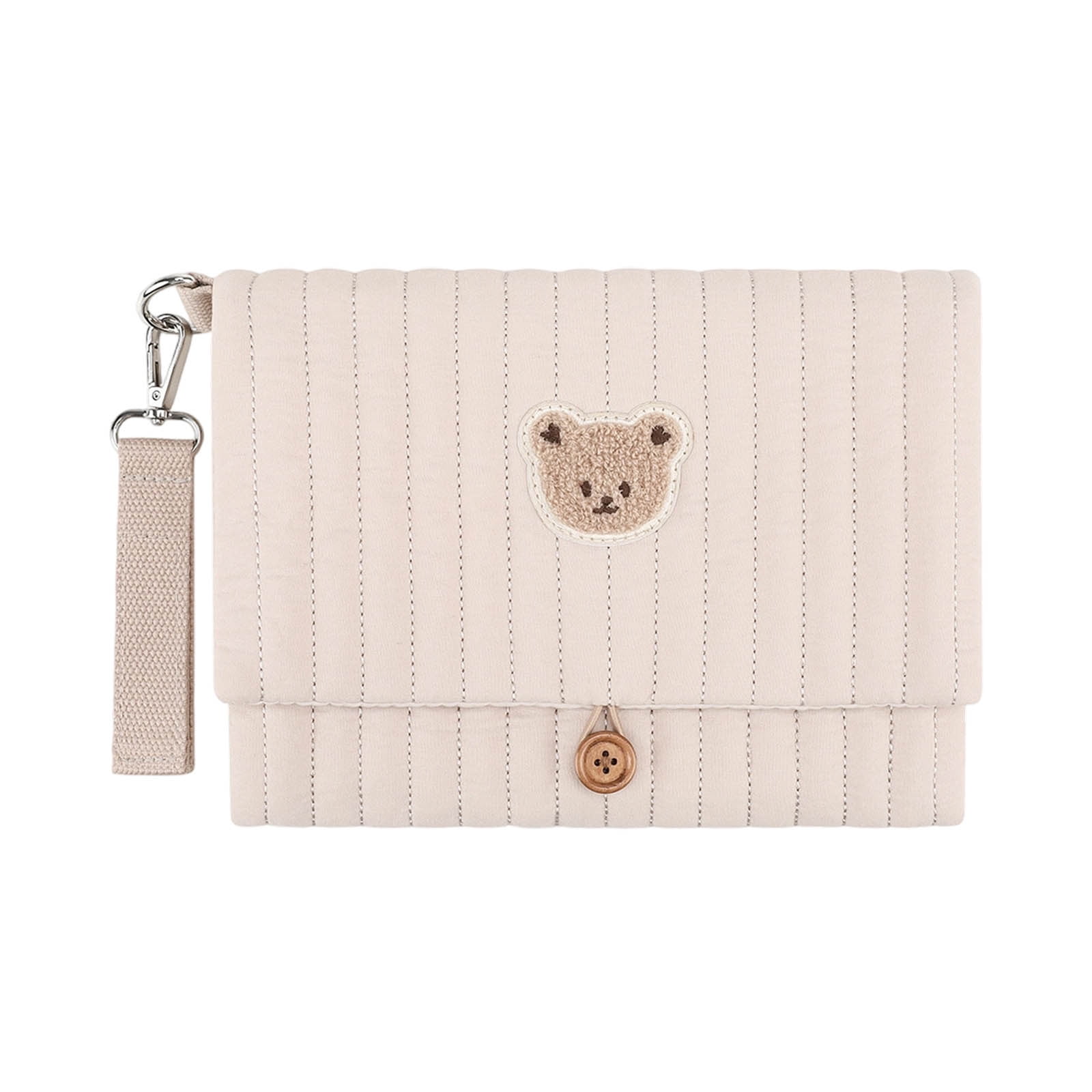 Cute Bear Embroidery Baby Diaper Organizer Waterproof Cotton Stroller Hanging Bag Multi‑Pocket Mommy Storage Pouch with Wipes Pocket for Travel Daily Use Khaki