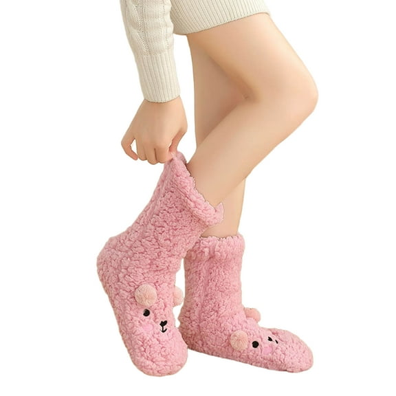 Cute Bear Embroidery Furry Slipper Socks for Women Non Slip Fuzzy Slipper Socks Winter Thermal Warm Home Sleeping Socks
