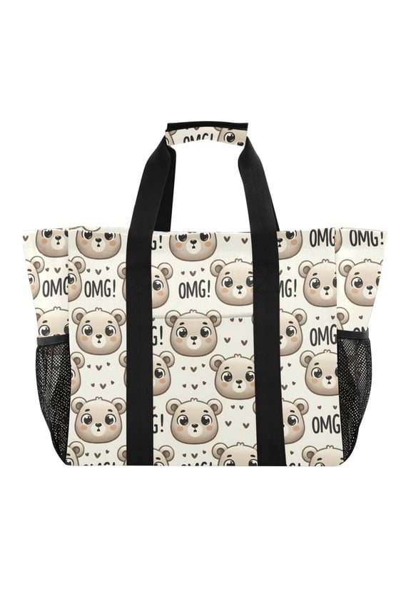 Cute Bear Face Reusable Grocery Bags with Handle Side Pocket Waterproof Shopping Portable Tote