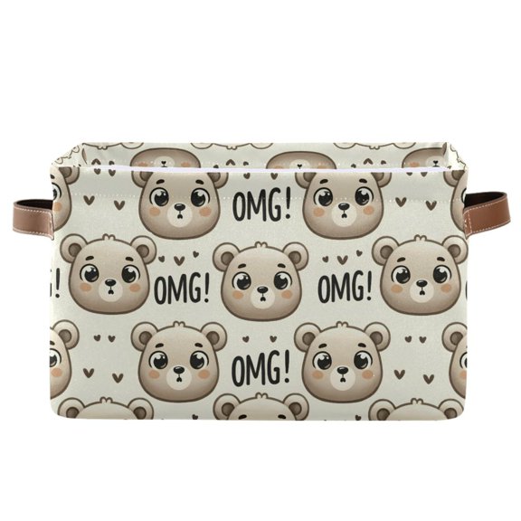 Cute Bear Face Storage Bins with Handle Fabric Organizer Basket Foldable Box 1 Pack 14.2x10.2x8.3