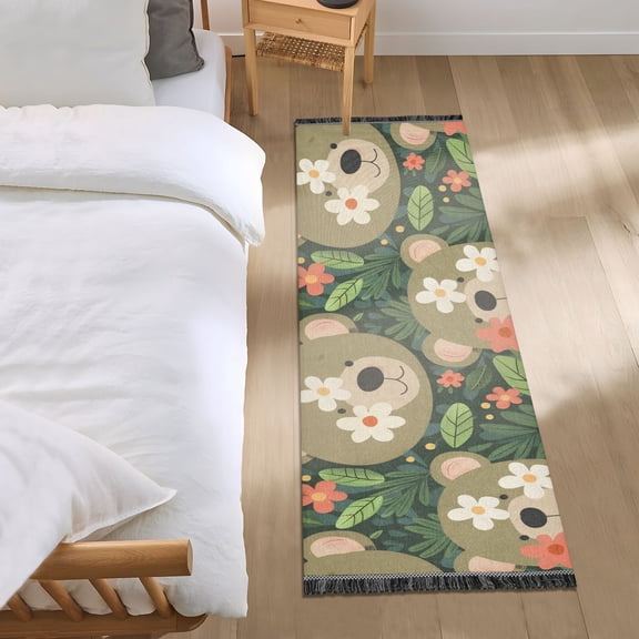 Cute Bear Face and Leaf Runner Area Rug 2x6 Soft Non-Slip Washable Bedside Carpet for Hallway Bedroom Living Room Home Decor