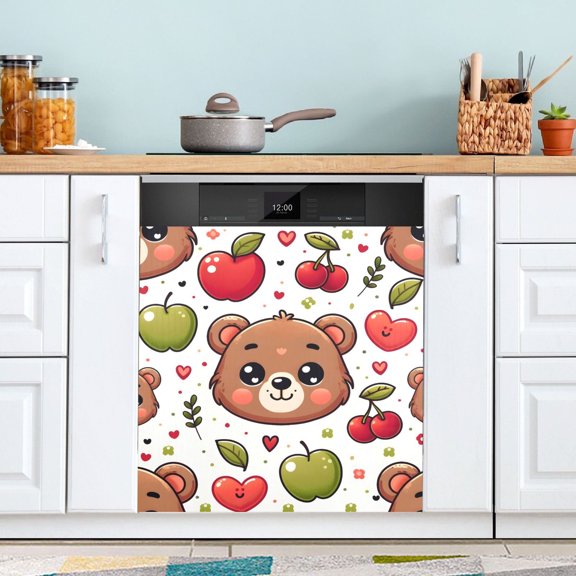 Cute Bear Face with Cherry Dishwasher Magnet Cover Magnetic Fridge Door Cover Home Kitchen Decor 23"x 26"