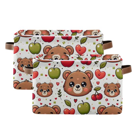Cute Bear Face with Cherry Storage Bins with Handle Fabric Organizer Basket Foldable Box 2 Pack 14.2x10.2x8.3
