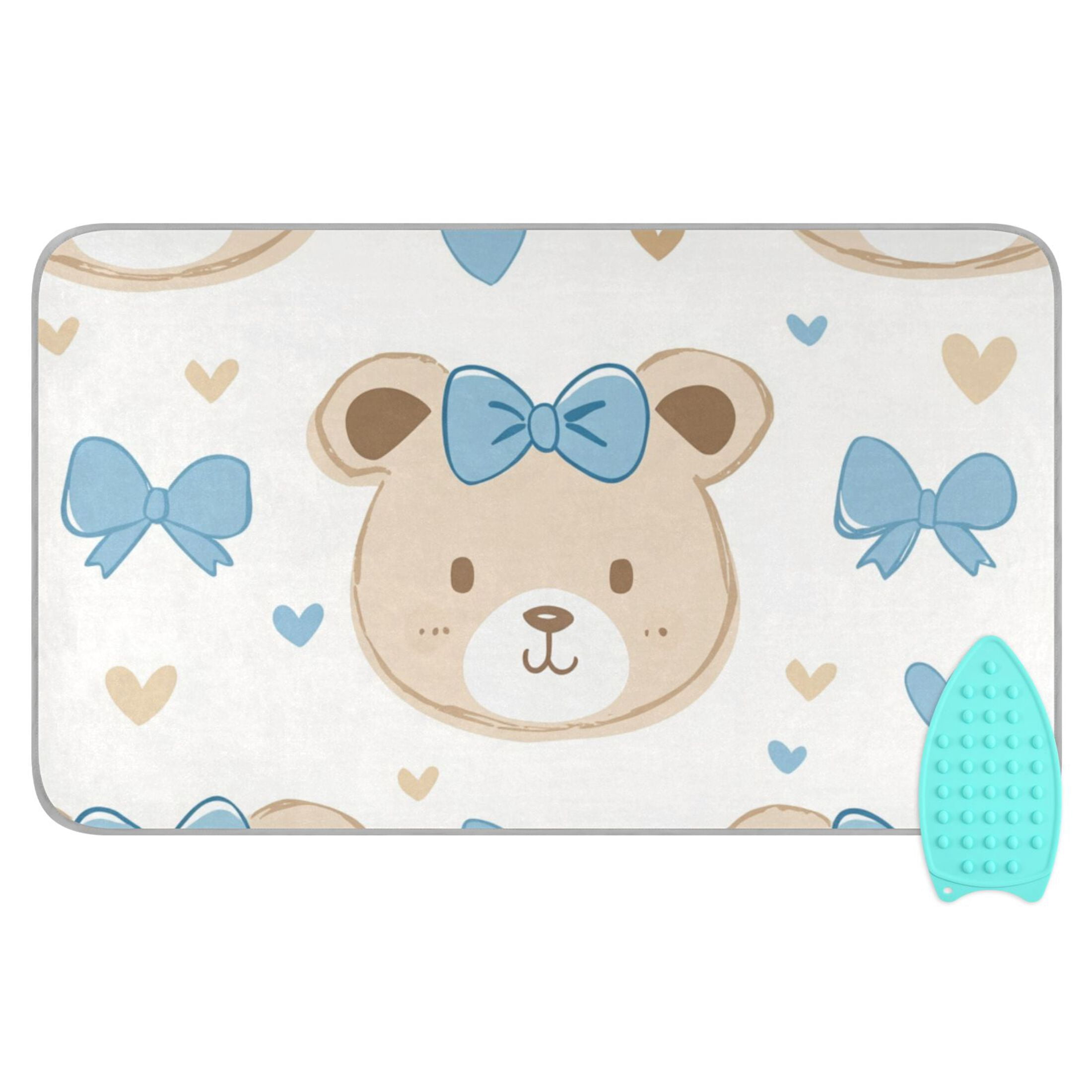 Cute Bear Faces Blue Bowknots Hearts Ironing Mat Blanket Portable Travel Ironing Pad Heat Resistant Pad 47.2" x 27.6”