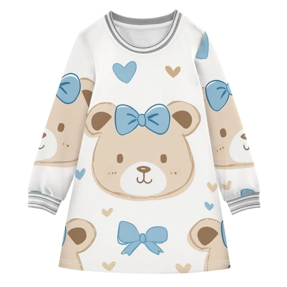 Cute Bear Faces Blue Bowknots Hearts Long-sleeved Dress A-line Dress for 2-8 Years Casual Party 3T
