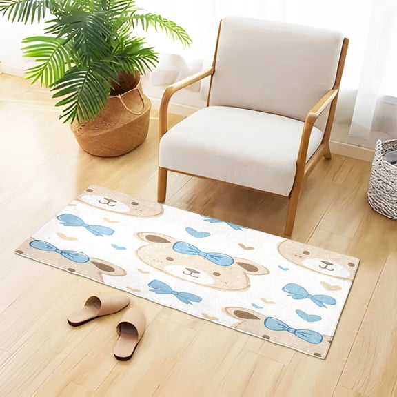 Cute Bear Faces Blue Bowknots Hearts Plush Carpet Non Slip Runner Rug Absorbent Bath Mat 39" x 20"