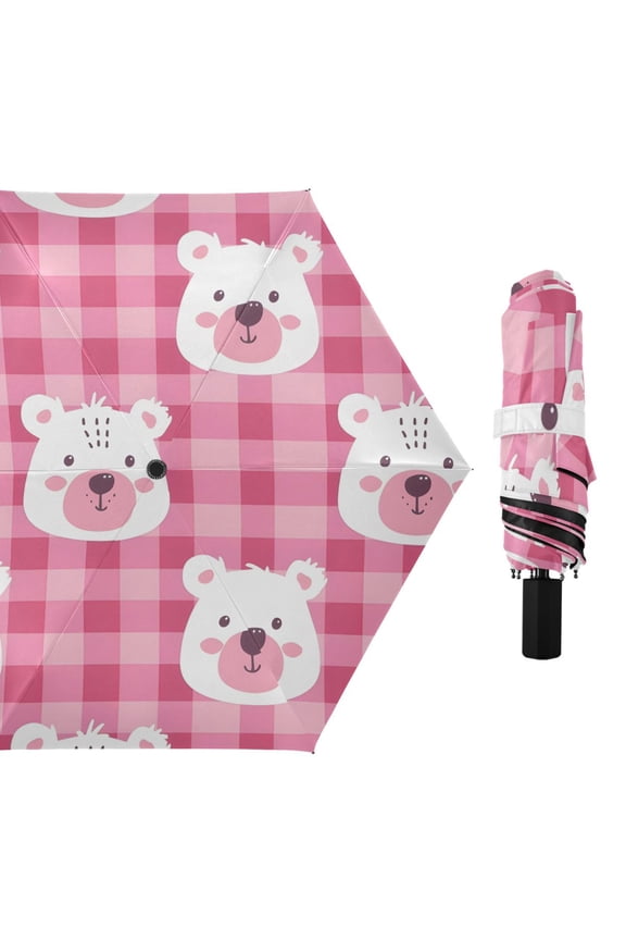 Cute Bear Faces Cartoon All Weather Umbrella Triple Folding Parasol 6 Ribs UV Protection Portable