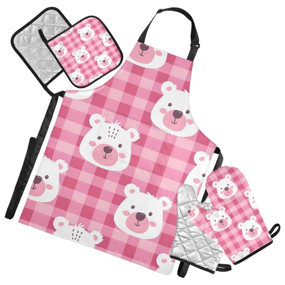 Cute Bear Faces Cartoon Apron Set with Oven Mitts Pot Holders Set of 5 Kitchen Stuff Accessories