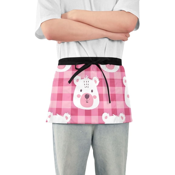 Cute Bear Faces Cartoon Short Server Apron with 3 Pockets for Unisex Chef Gardening