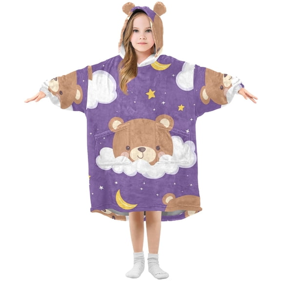 Cute Bear Faces Clouds Moons Stars Flannel Wearable Blankets Hooded Design Long Sleeves Wrap Unisex for 3T-14Y S