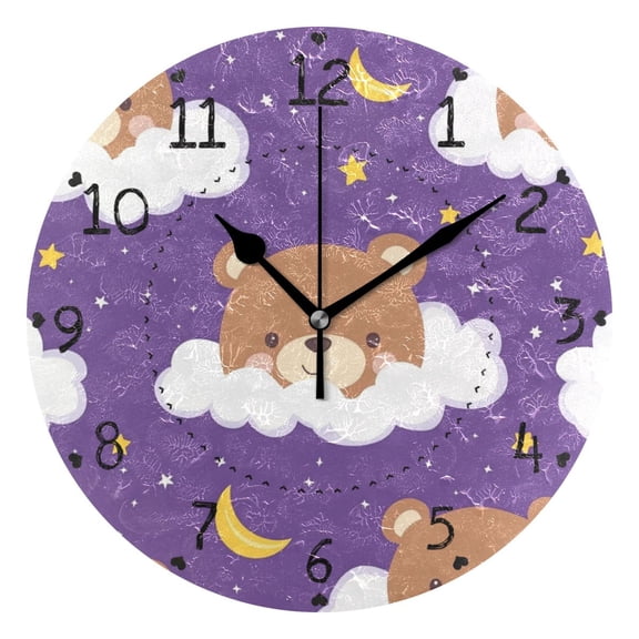 Cute Bear Faces Clouds Moons Stars Round Wall Clock Silent Analog Battery Operated Black Pointer Home Decor 9.84" Diameter