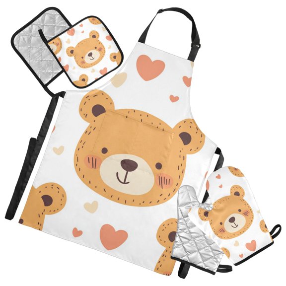Cute Bear Faces Hearts Hand Drawn Apron Set with Oven Mitts Pot Holders Set of 5 Kitchen Stuff Accessories