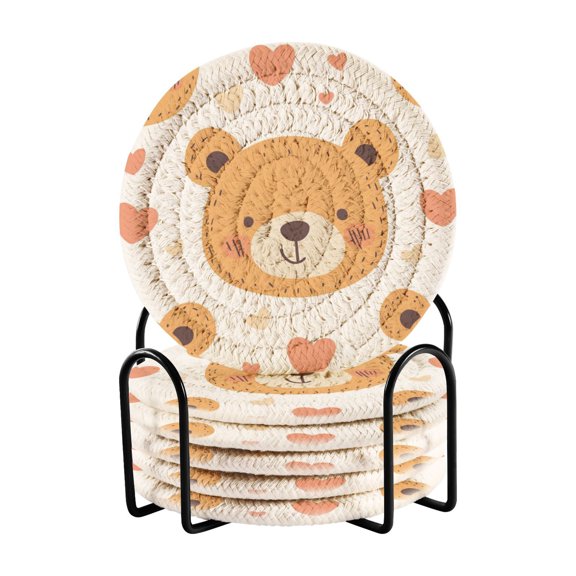 Cute Bear Faces Hearts Hand Drawn Drinking Coasters Cup Mat with Holder for Kitchen Cafe Bar 6 Packs