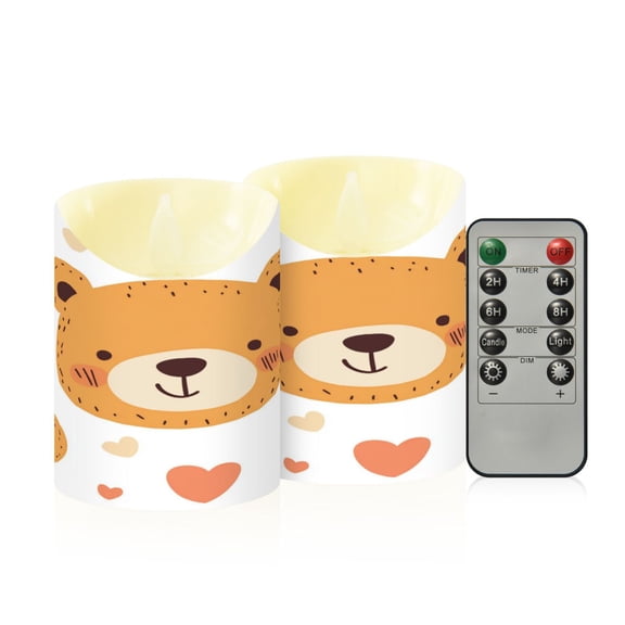 Cute Bear Faces Hearts Hand Drawn Flickering Flameless Candles with Remote Timer Battery Operated LED Tealight Set of 2 S