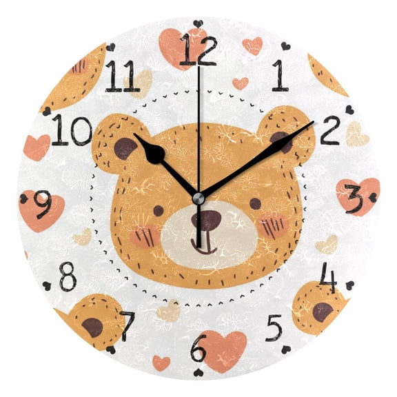 Cute Bear Faces Hearts Hand Drawn Round Wall Clock Silent Analog Battery Operated Black Pointer Home Decor 9.84" Diameter