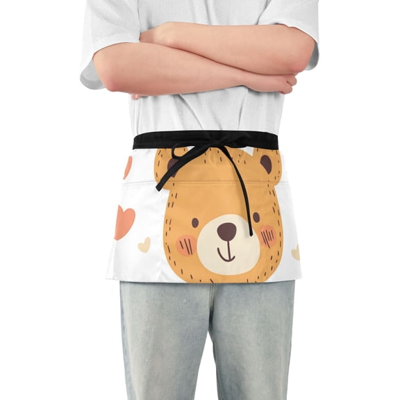 Cute Bear Faces Hearts Hand Drawn Short Server Apron with 3 Pockets for Unisex Chef Gardening