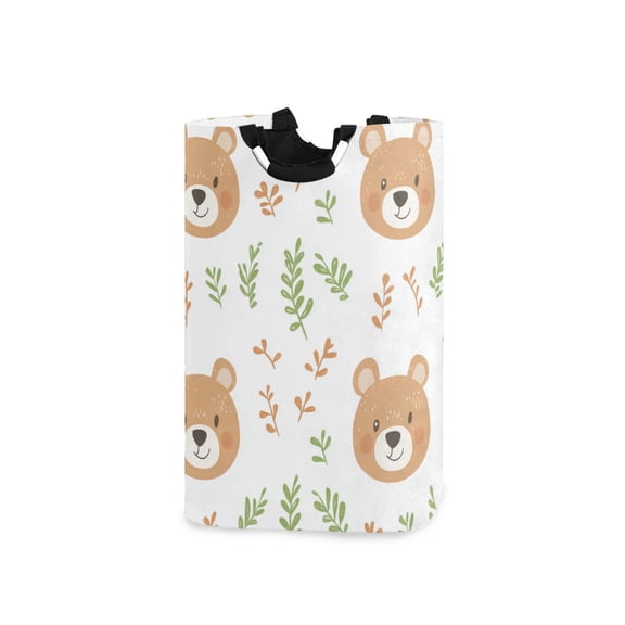 Cute Bear Faces Leaves Laundry Basket with Handles Foldable Laundry Hamper Freestanding Washing Bin 50L