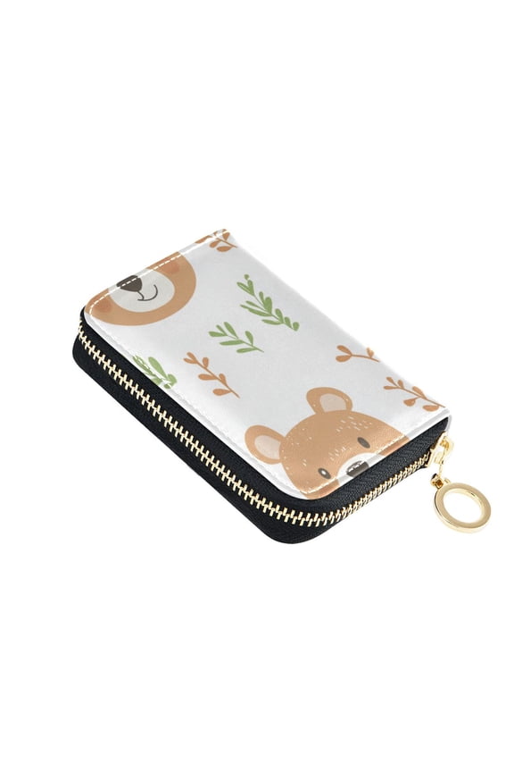 Cute Bear Faces Leaves Women's Credit Card Holder PU Leather Zipper Wallet RFID Blocking