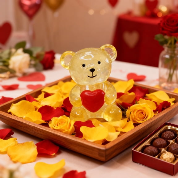 Cute Bear Figurine with Heart - Mini Resin Desk Decor, Bookshelf & Room Decor, Transparent Animal Figure for Home Office, Gift for Friends, Kids Valentine's Day