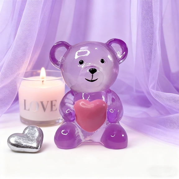Cute Bear Figurine with Heart - Mini Resin Desk Decor, Bookshelf & Room Decor, Transparent Animal Figure for Home Office, Gift for Friends, Kids Valentine's Day