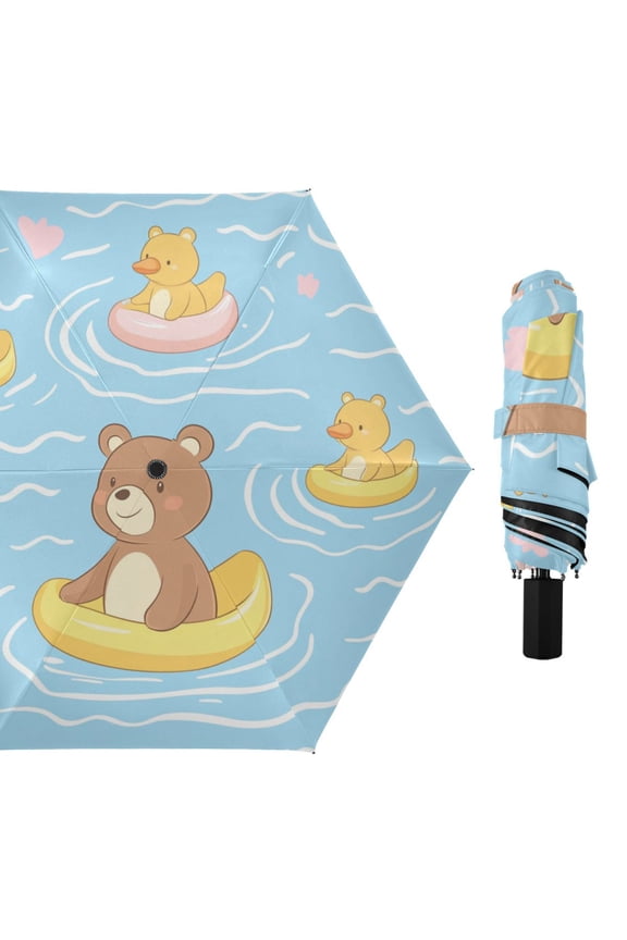 Cute Bear Floating on Rubber Duckies All Weather Umbrella Triple Folding Parasol 6 Ribs UV Protection Portable