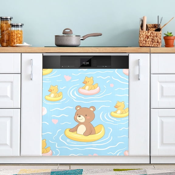 Cute Bear Floating on Rubber Duckies Dishwasher Magnet Refrigerator Magnetic Cover Washing Machine Magnet Sticker Kitchen Decor