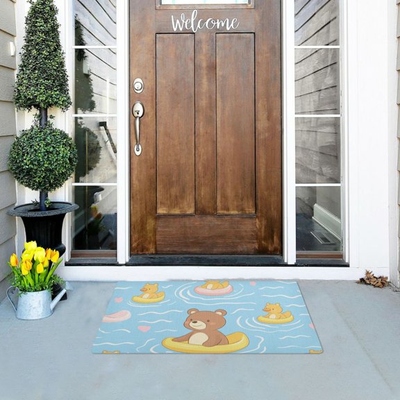 Cute Bear Floating on Rubber Duckies Doormats Welcome Mats Gate Pads Entryway Outdoor 32" x 20"
