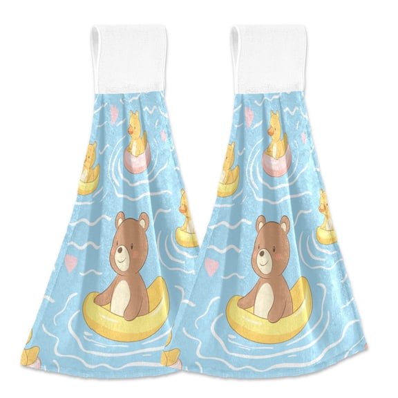 Cute Bear Floating on Rubber Duckies Hanging Towels with Loop Hand Towels Nylon Fastener Tape Design Dish Cloths 2 Pieces