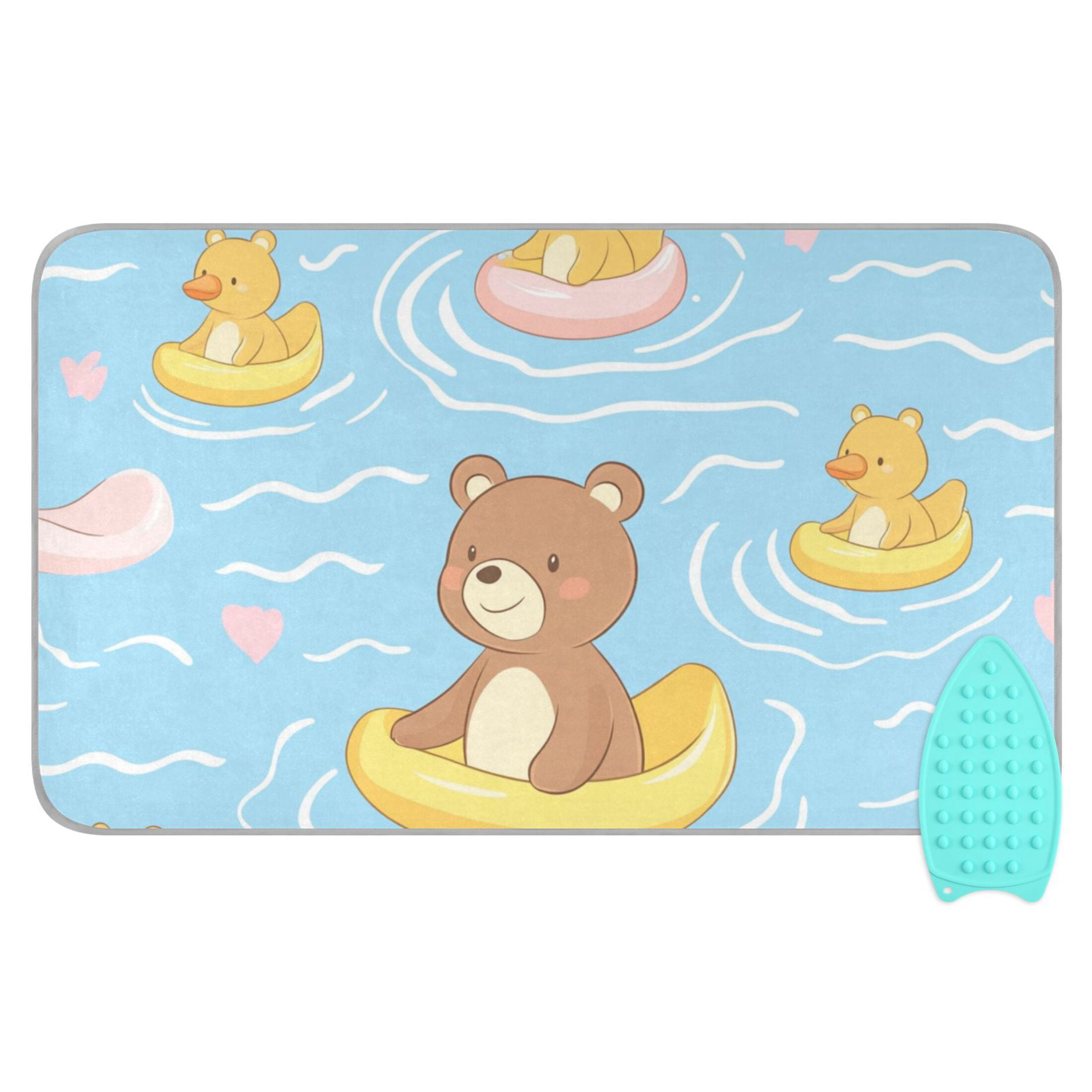 Cute Bear Floating on Rubber Duckies Ironing Mat Blanket Portable Travel Ironing Pad Heat Resistant Pad 47.2" x 27.6”