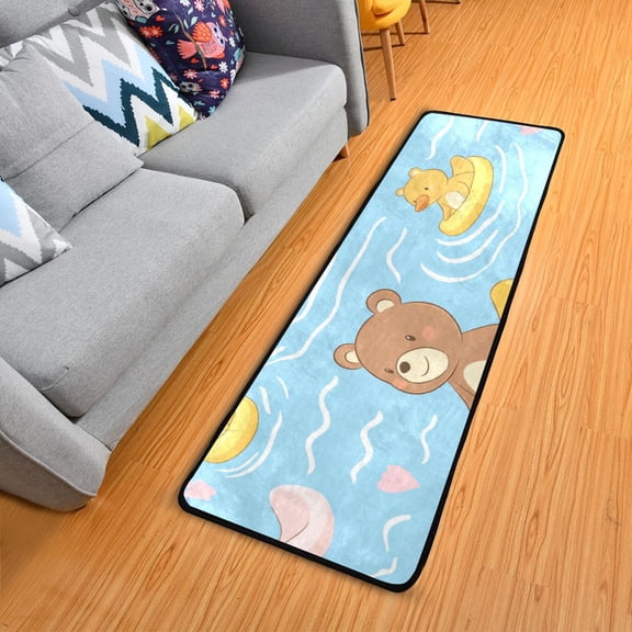 Cute Bear Floating on Rubber Duckies Long Floor Mat Runner Rug Area Mat Noise Reduction Water Absorbent Non-Slip 72" x 24"