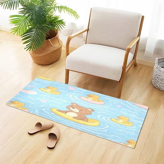 Cute Bear Floating on Rubber Duckies Plush Carpet Non Slip Runner Rug Absorbent Bath Mat 39" x 20"