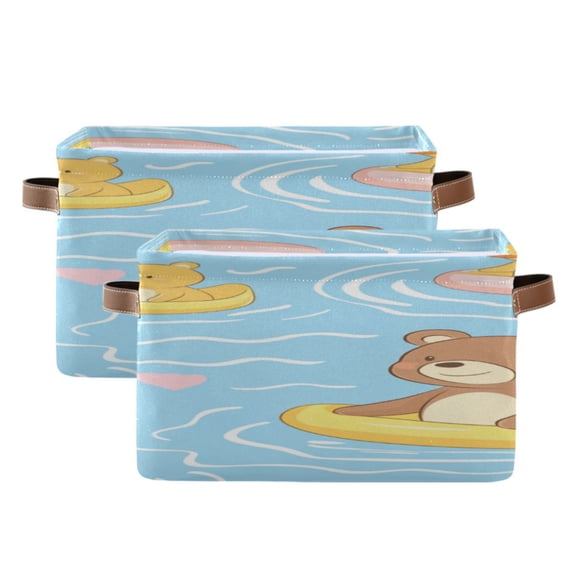 Cute Bear Floating on Rubber Duckies Square Storage Bins with Handles Collapsible Containing Box 2 Packs