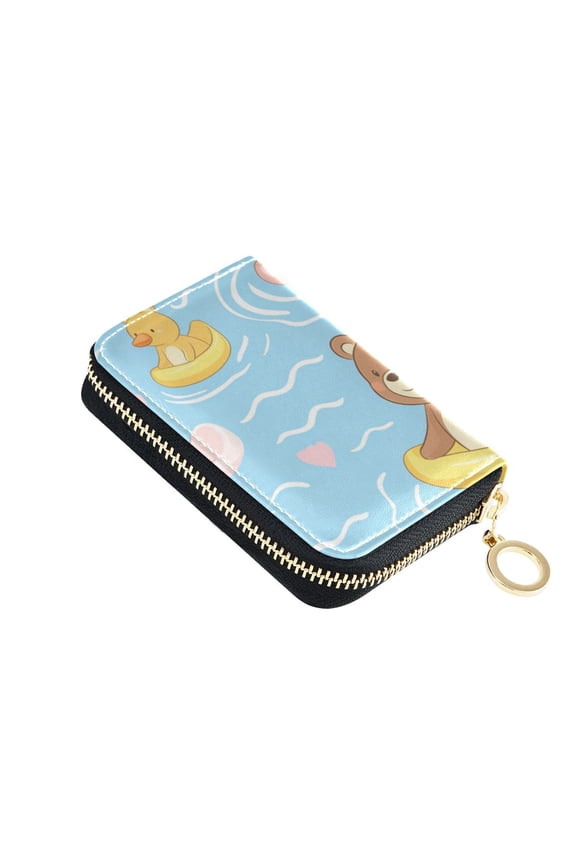 Cute Bear Floating on Rubber Duckies Women's Credit Card Holder PU Leather Zipper Wallet RFID Blocking