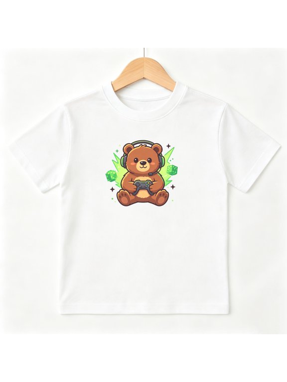Cute Bear Gamer Headset Boys Graphic Tees Gaming Kids T-Shirt 100% Cotton Short Sleeve Tops Ages 4-13Y